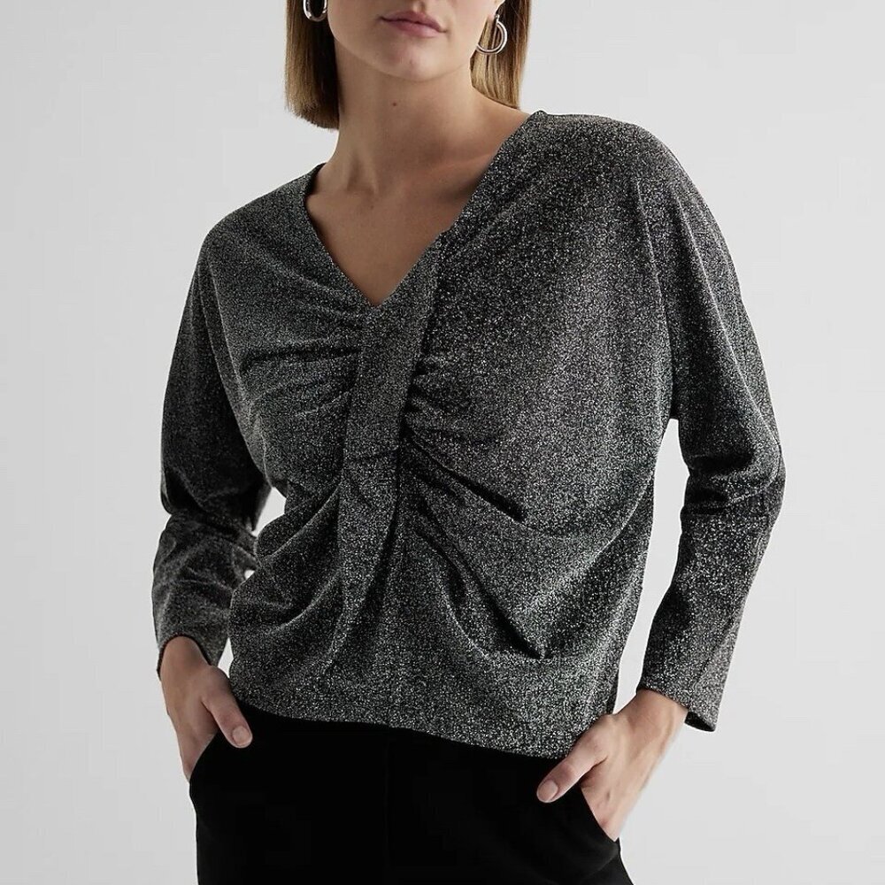 Express Womens Metallic Twist Front Draped Top Size S V-Neck Long Sleeve NWT $54